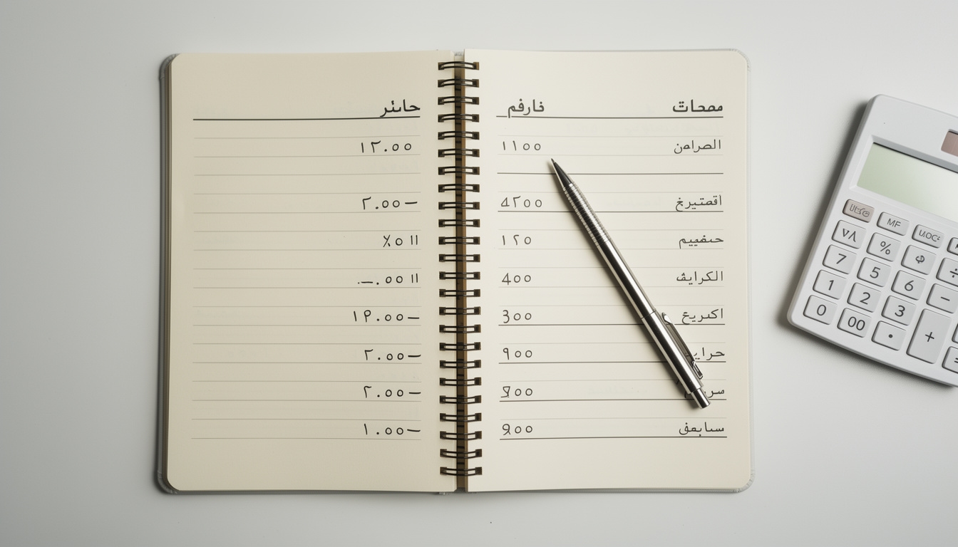 دفتر تتبع المصروفات اليومية مع قلم وحاسبة