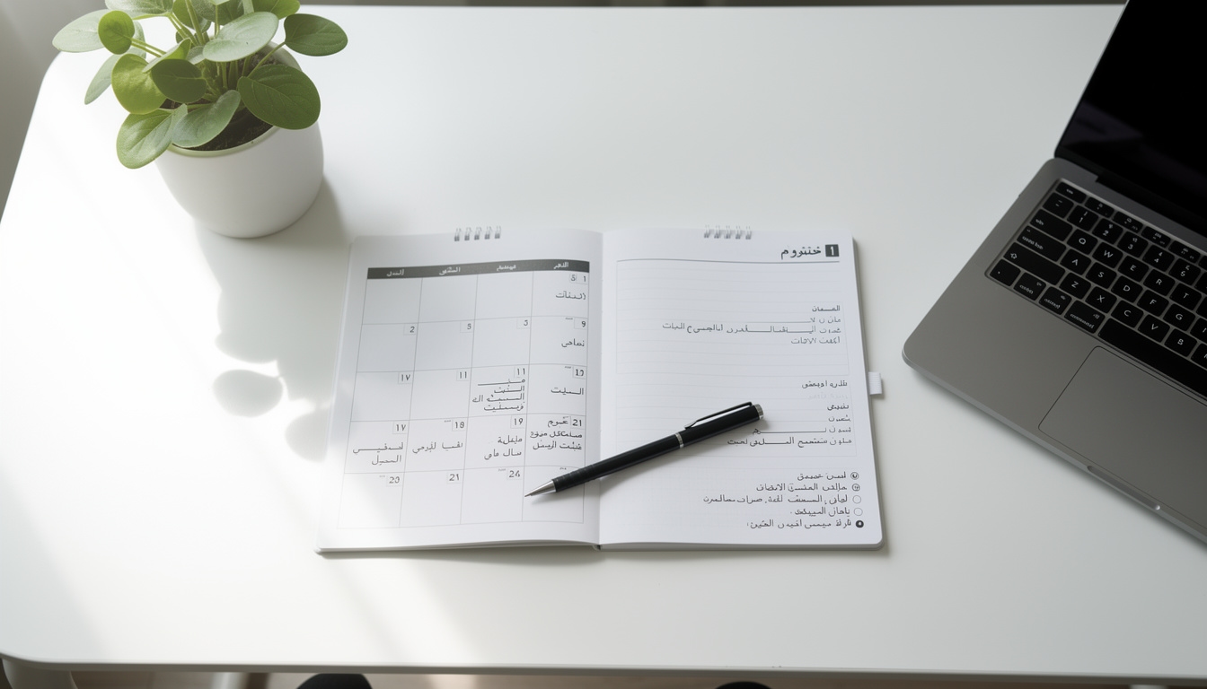 طاولة مكتب منظمة مع تقويم شهري وأوراق التخطيط